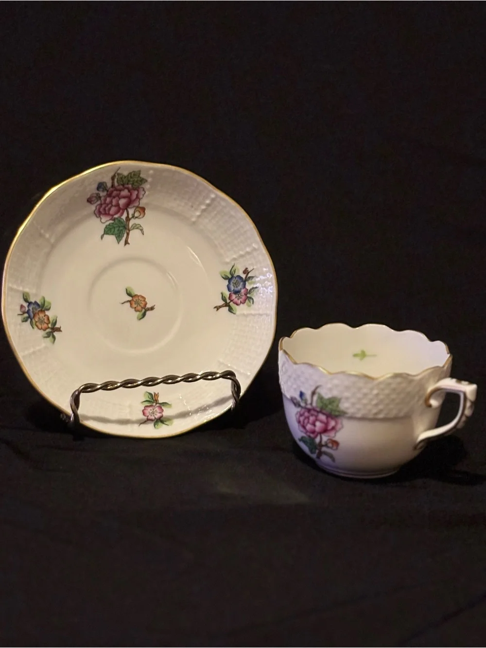 Vintage Herend ETON Demitasse Porcelain Teacup and Saucer. Pink Floral Pattern